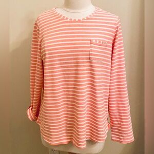 Lands’ End Striped Coral Orange White 3/4 Roll Tab Sleeves Coastal Top Size XL